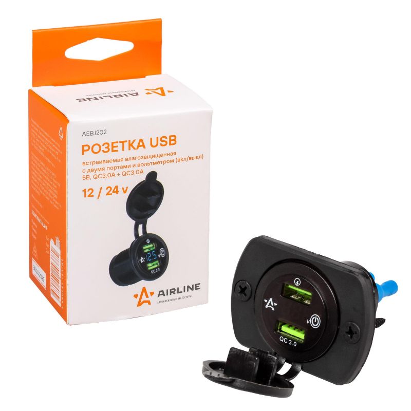 РОЗЕТКА (ГНЕЗДО) ВСТРАИВ. 2 USB+ВОЛЬТМЕТР (5 В QC3.0+QC3.0) "AIRLINE" AEBJ202 в Нижнем Тагиле